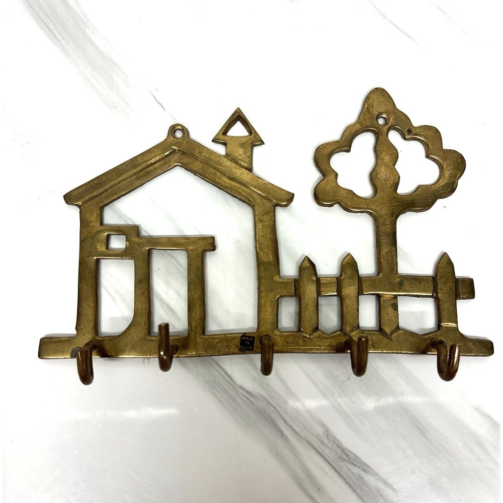 Vintage House Shaped Wall Mount 5 Key Holder Solid Brass Patina Made in‎ Taiwan